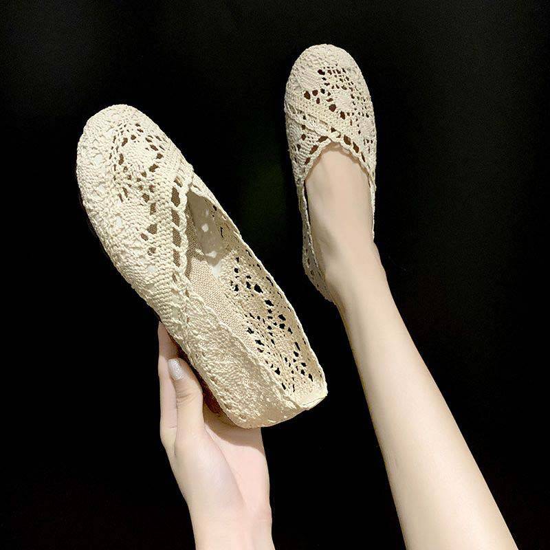 Mesh-Schuhe Atmungsaktive Mesh-Sandalen Damen Stoffschuhe Weiche Sohle Flache Sohle Schuhe Vintage Cut-out-Design Schlichter Casual-Style Frühling Sommer 39 beige von Joom DACH