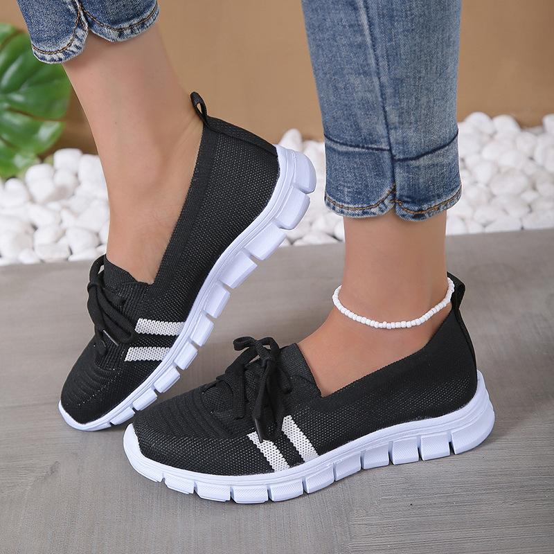 Mesh Strick Gestreifte Ballerinas Schuhe für Damen Sommer Schnürer Freizeit Sneaker Frau Weiche Sohle Atmungsaktive Slipper Übergröße 43 38 schwarz von Joom DACH