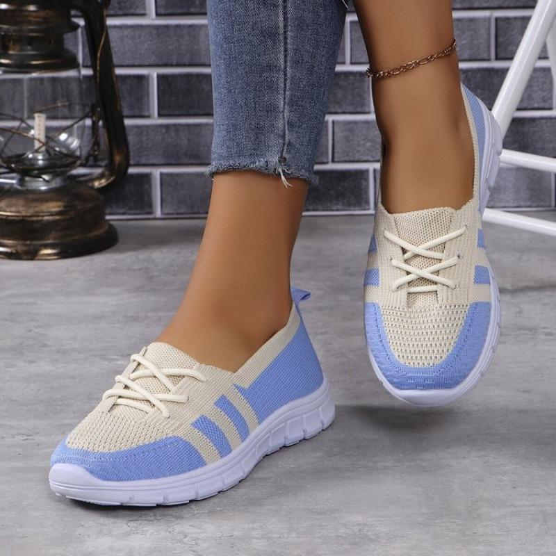 Mesh-Strickschuhe mit gestreiften Streifen für Damen, Sommer-Schnürschuhe, lässige Sneakers, atmungsaktive Halbschuhe mit weicher Sohle, Übergröße 43 43 blau von Joom DACH