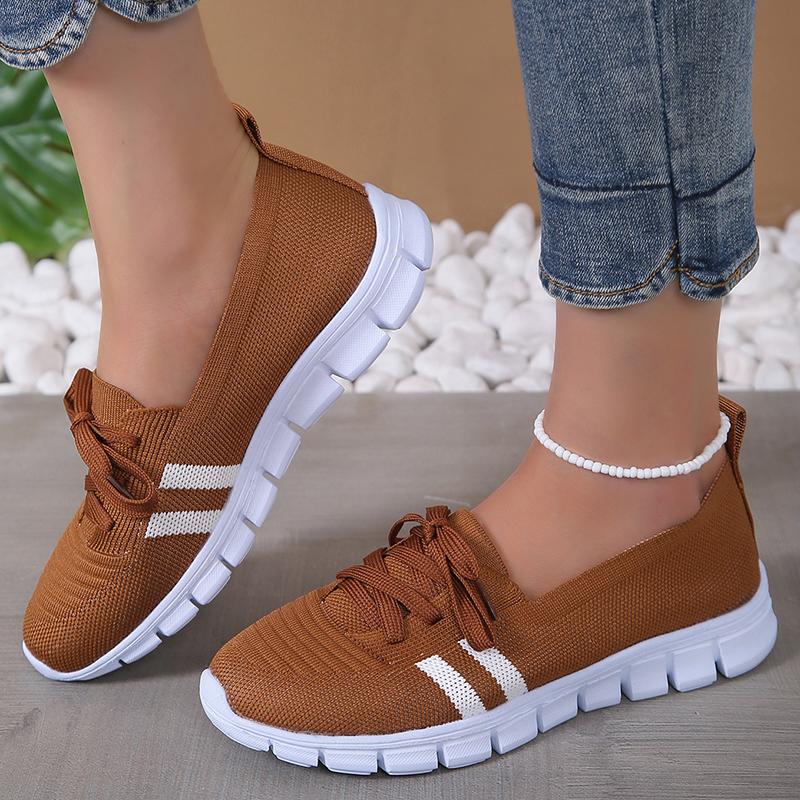 Mesh-Strickschuhe mit gestreiften Streifen für Damen 2024 Sommer Schnürschuhe Casual Sneakers Frau Atmungsaktive Halbschuhe mit weicher Sohle Plus Größe 43 41 braun von Joom DACH