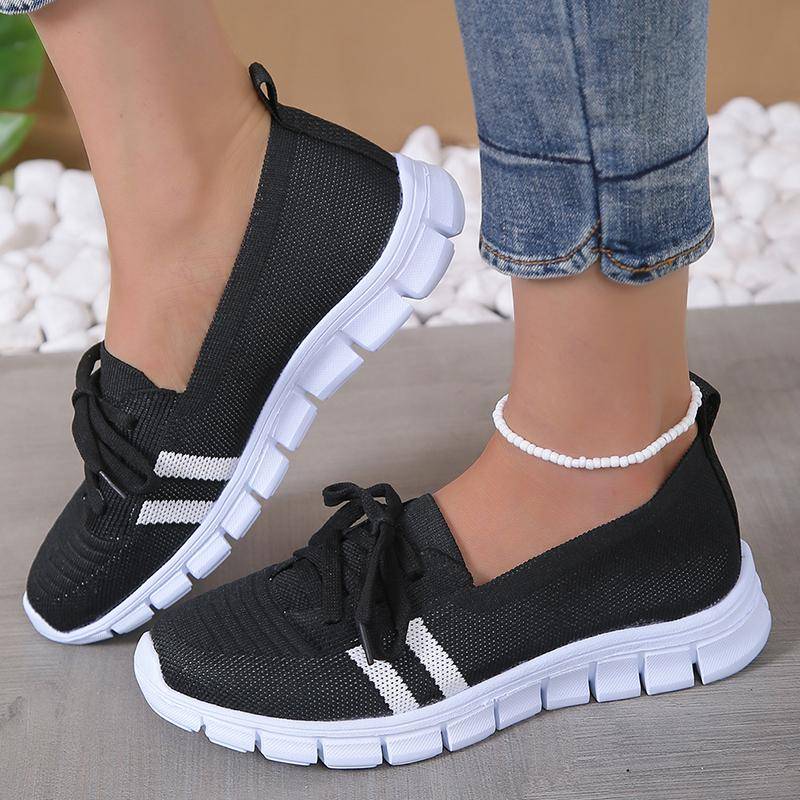 Mesh-Strickschuhe mit gestreiften Streifen für Damen 2024 Sommer Schnürschuhe Casual Sneakers Frau Atmungsaktive Halbschuhe mit weicher Sohle Plus Größe 43 42 schwarz von Joom DACH