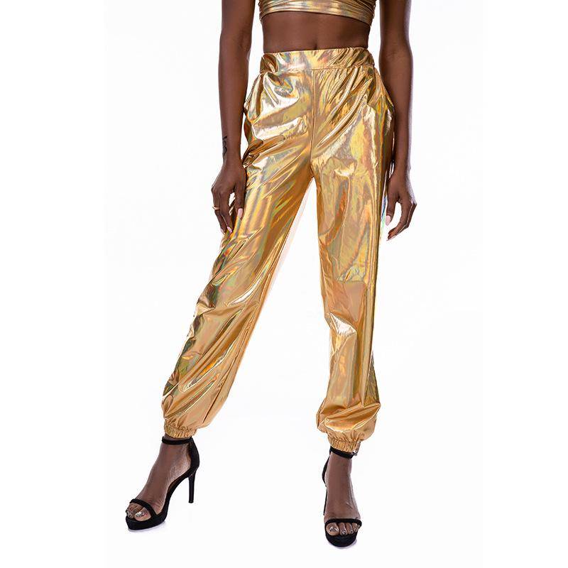 Metallic-glänzende Jogginghose für Damen, lässige Haremshose mit hoher Taille, holografische Farbe, Hip-Hop-Hose, Streetwear 2XL gold/bunt von Joom DACH