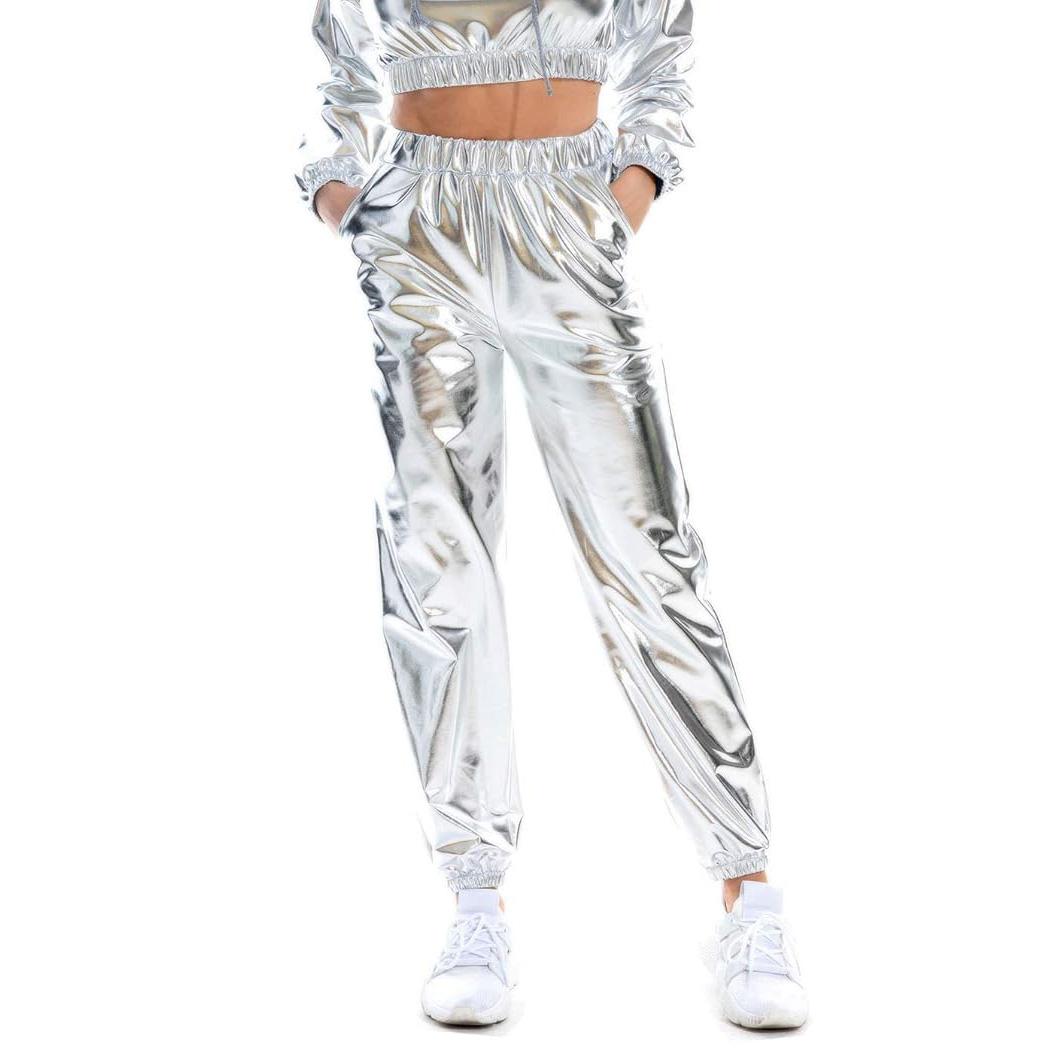 Metallic-glänzende Jogginghose für Damen, lässige Haremshose mit hoher Taille, holografische Farbe, Hip-Hop-Hose, Streetwear M silber von Joom DACH