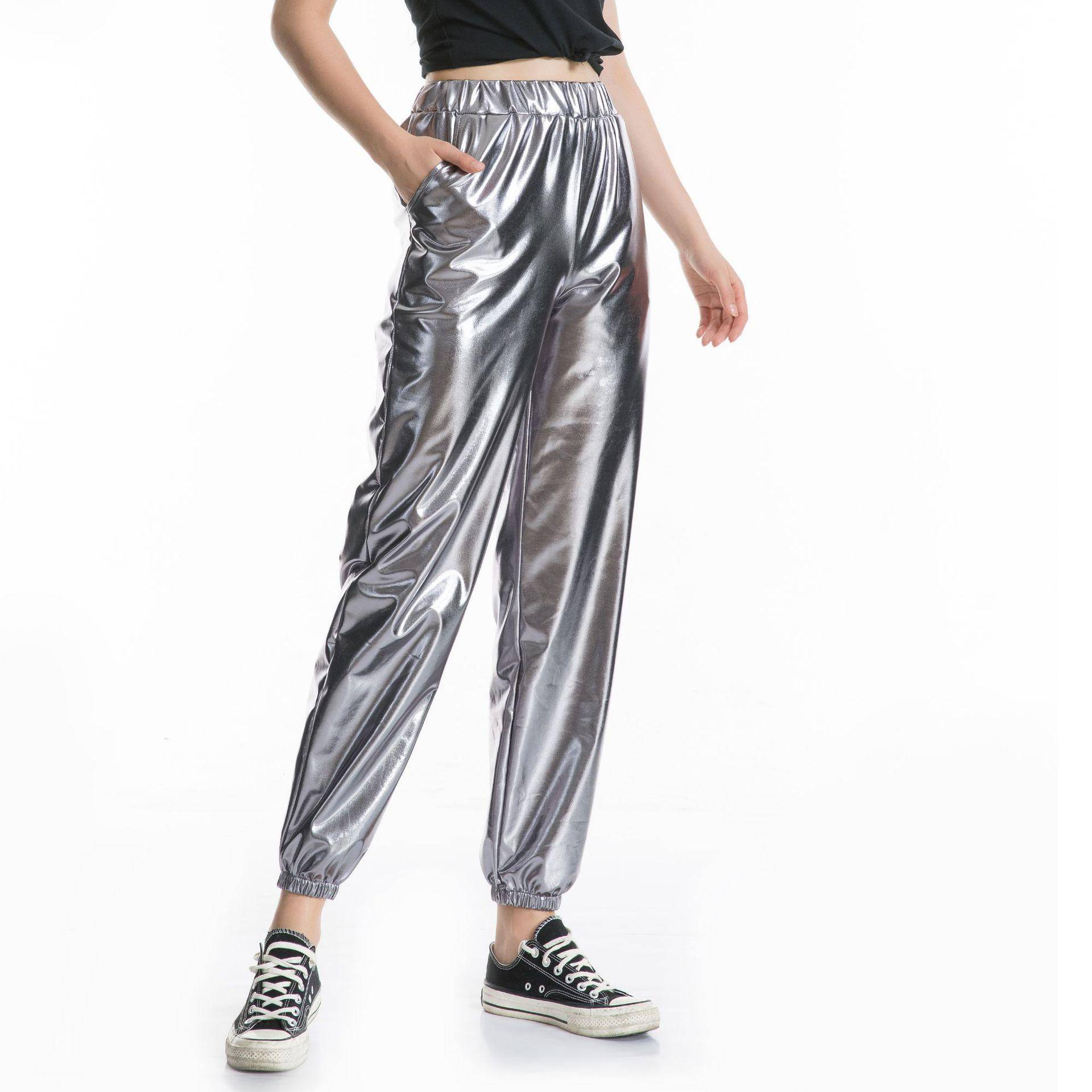 Metallic-glänzende Jogginghose für Damen, lässige Haremshose mit hoher Taille, holografische Farbe, Hip-Hop-Hose, Streetwear S grau von Joom DACH