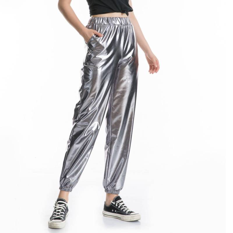 Metallic-glänzende Jogginghose für Damen, lässige Haremshose mit hoher Taille, holografische Farbe, Hip-Hop-Hose, Streetwear S grau von Joom DACH