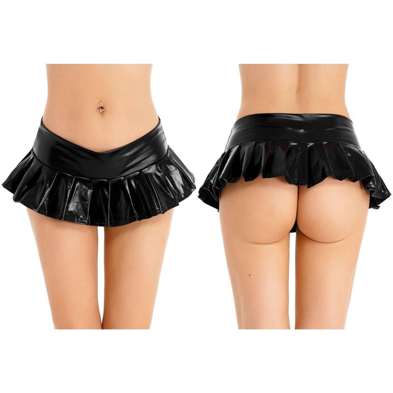 Metallisch glänzender Plissee-Minirock für Damen mit niedrigem Bund, Nachtclub-Tanz-Performance-Kostüm One Size schwarz von Joom DACH