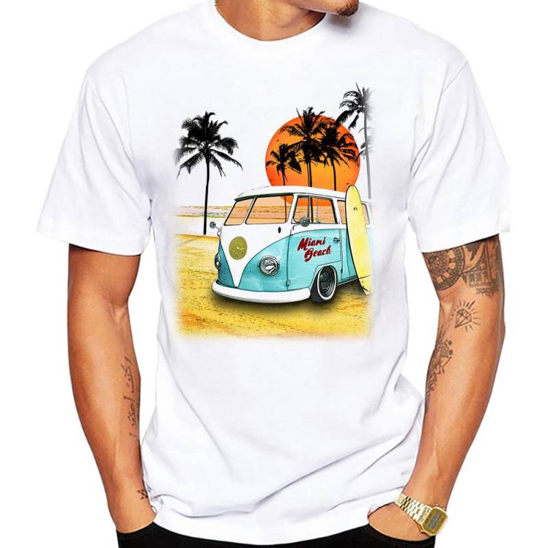 Miami Beach Szene Autos Männer T-Shirt Grafik Vintage Strandbus Surf Sport Stoff Retro Surfbrett Oberteile SUP Fans Jungen T-Shirts L von Joom DACH