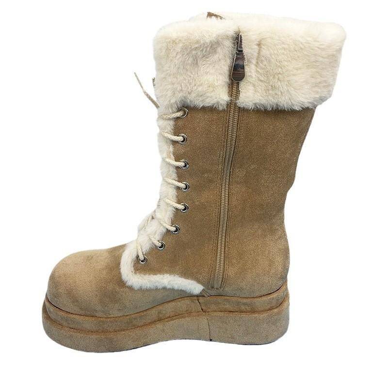 Miaomao Schneestiefel für Damen Herbst und Winter Neue Creme Dicke Unterseite Fleece-gefüttert Thermo-Mittelrohr Ritter 40 khaki von Joom DACH