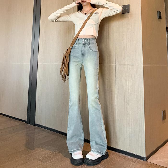 Micro-Flare Jeans für Damen im Frühling Neu High-Waist Schlankmachend Elastisch Doppelknopf Antikblau Schlaghose 2XL von Joom DACH