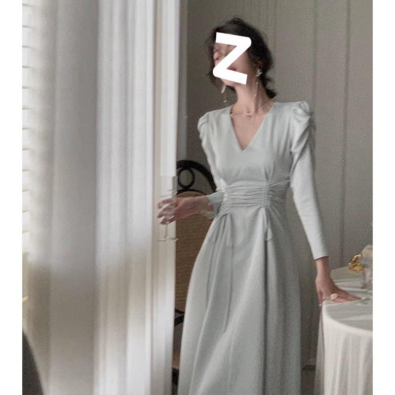 Midikleid Damen Elegant Herbst V-Ausschnitt Mode Dame Hohe Taille Falten Design Vintage Satin Kleider Damenkleidung XL blau von Joom DACH