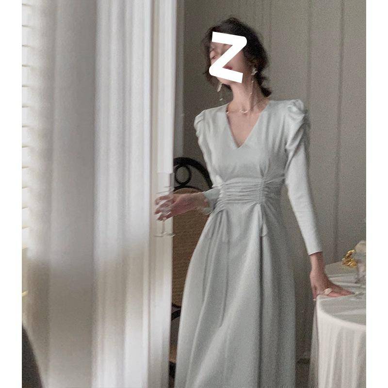 Midikleid Damen Elegant Herbst V-Ausschnitt Mode Dame Hohe Taille Falten Design Vintage Satin Kleider Damenkleidung XL blau von Joom DACH