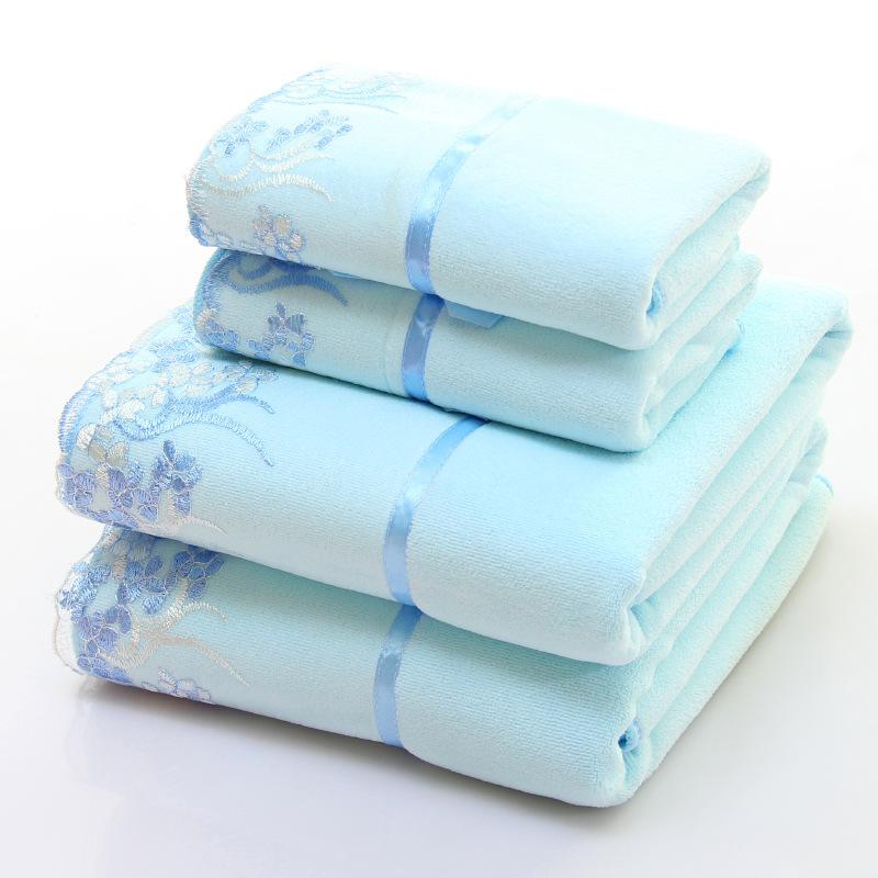 Mikrofaser Handtuch Set Luxus Spitze Bestickt Badetuch Geschenkset Gesichtstuch Badetuch Schnelltrocknend Frotteehandtücher 35*75cm+70*140cm blau von Joom DACH