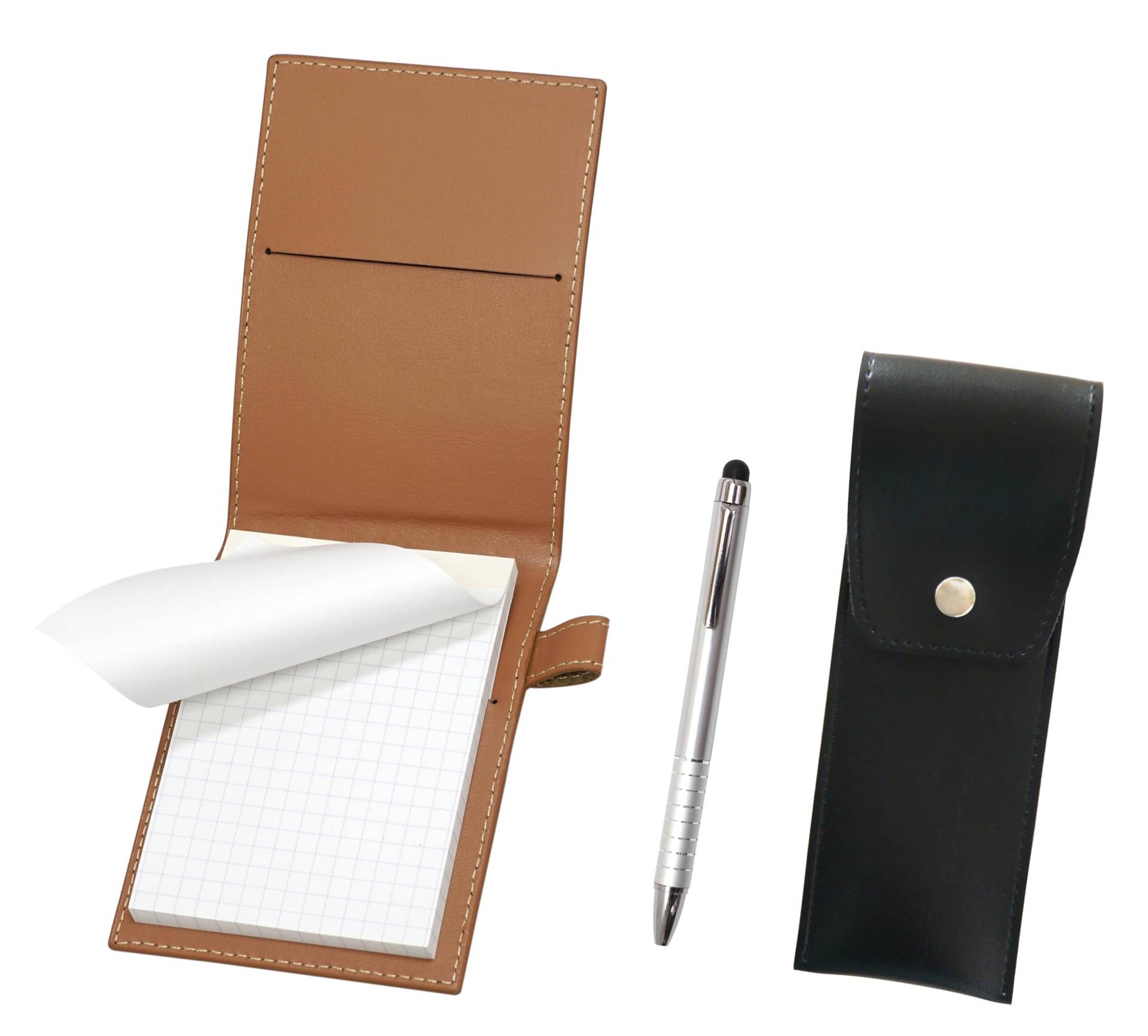 Mini-Notizbuchhülle aus recyceltem Rindsleder Mokka mit rundem Knopf Stifteetui schwarz Smartphone-Touch-Drehkugelschreiber-Set Silber 9 LS022PM-BRSB-TP04 silber von Joom DACH