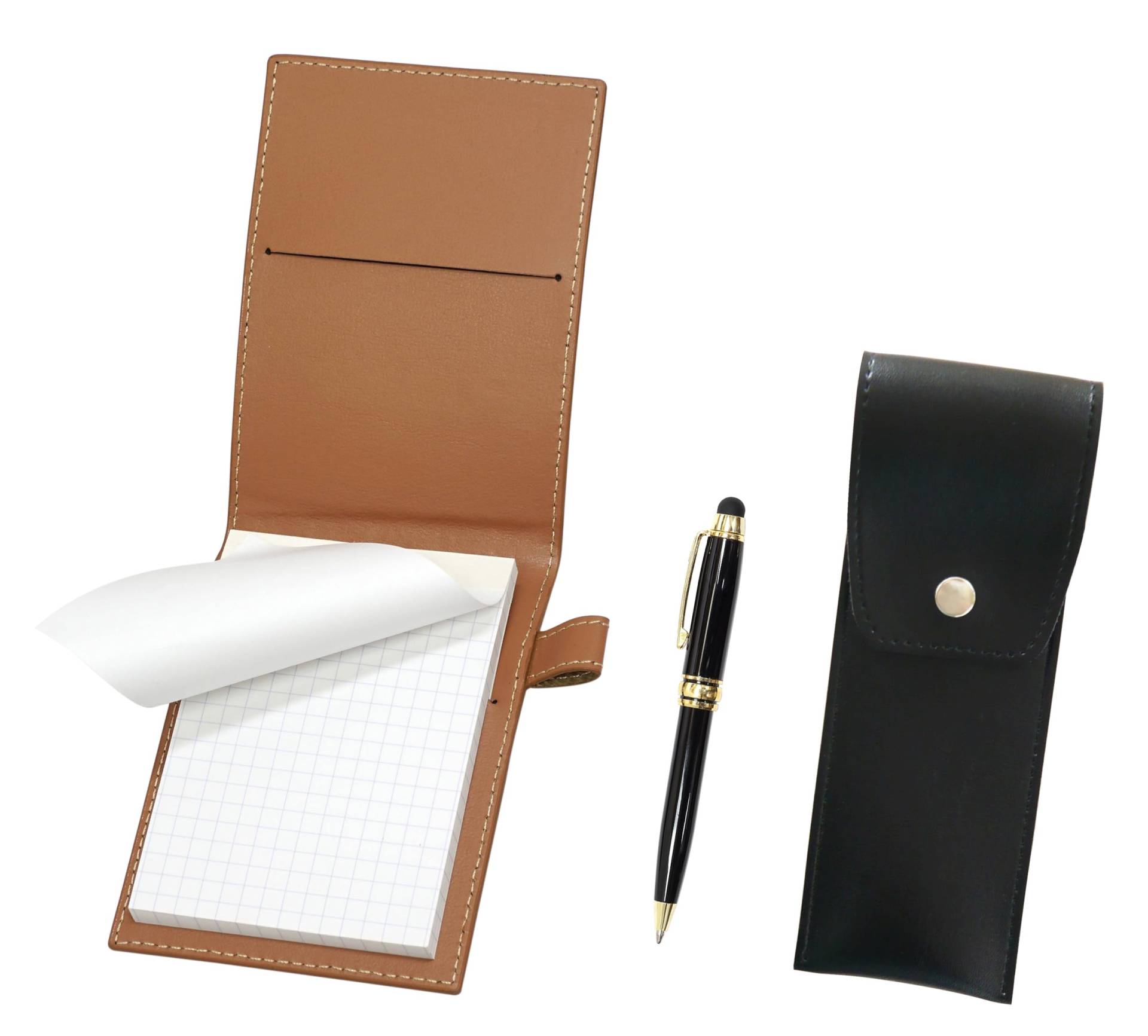 Mini-Notizbuchhülle aus recyceltem Rindsleder Mokka mit rundem Knopf Stifteetui schwarz Smartphone Touch Metall Mini Retro Drehkugelschreiber Set schwarz von Joom DACH