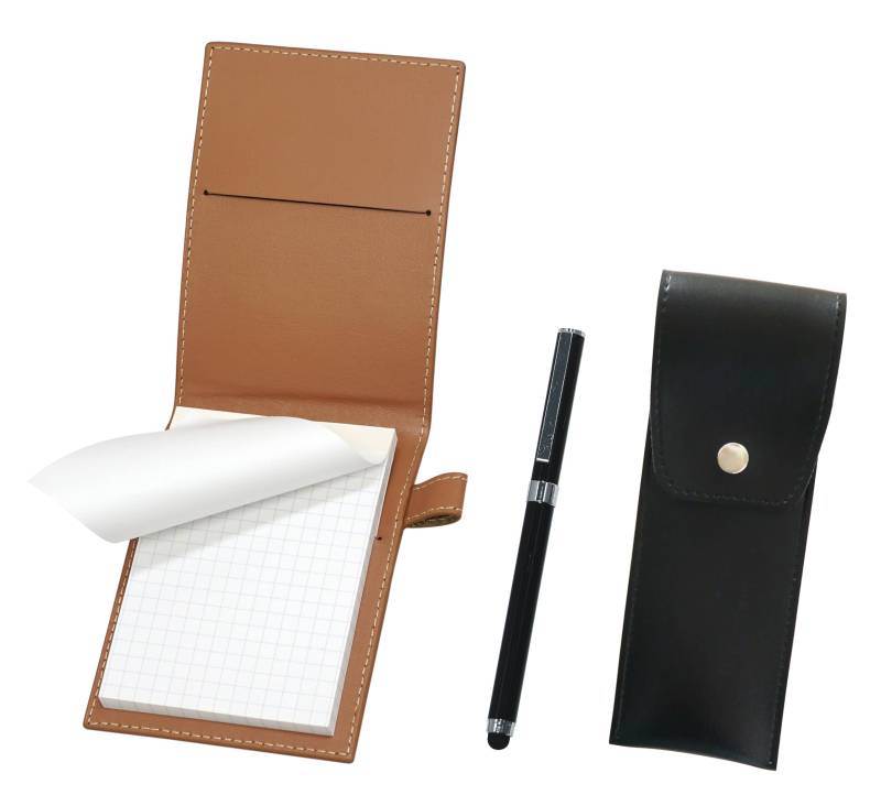 Mini-Notizbuchhülle aus recyceltem Rindsleder Mokka mit rundem Knopf Stifteetui schwarz Smartphone Touch Metallkappe Kugelschreiber Extra-Set Schwarz schwarz von Joom DACH
