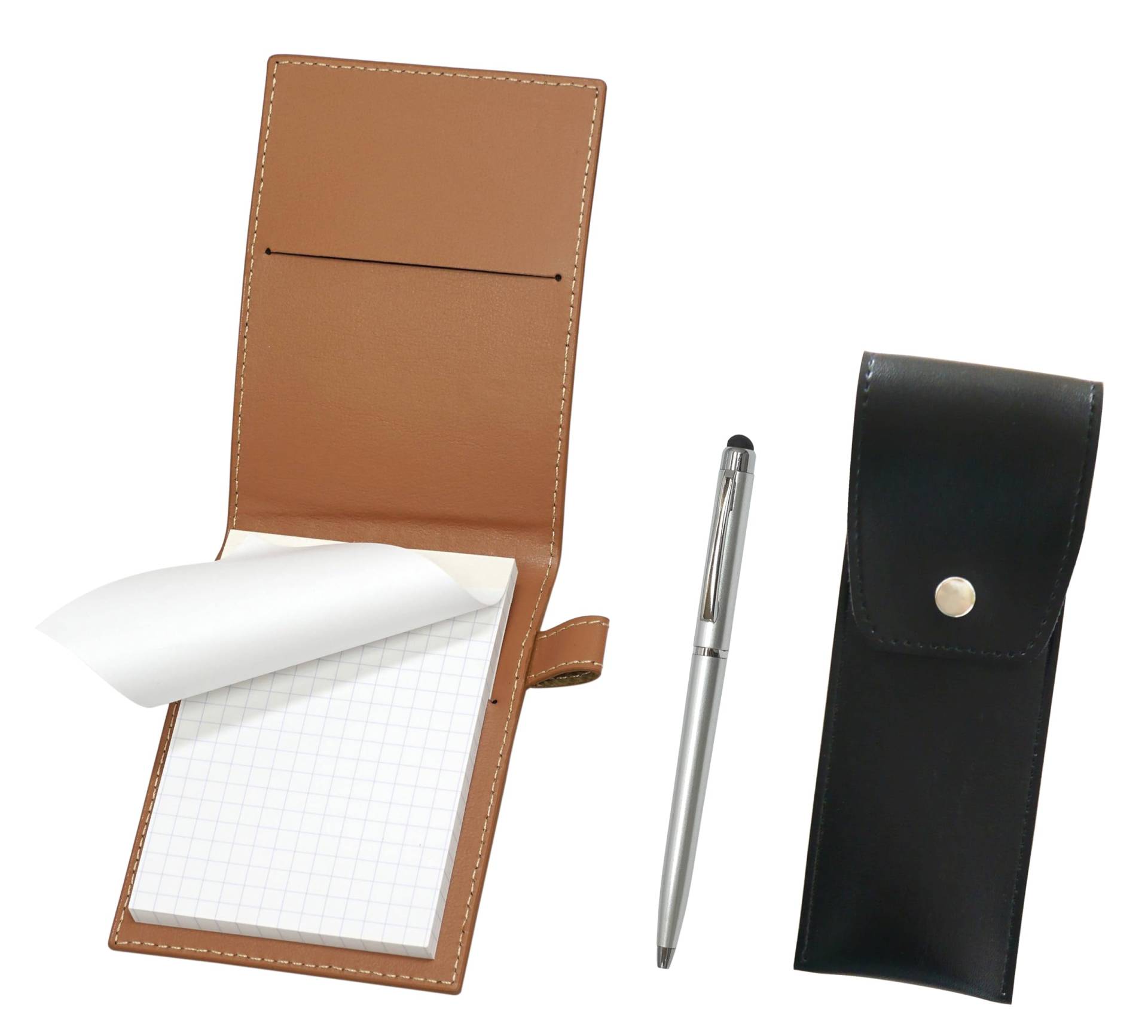Mini-Notizbuchhülle aus recyceltem Rindsleder Mokka mit rundem Knopf Stiftetui schwarz Smartphone Touch Slim Drehkugelschreiber-Set LS022PM-BRSB-TP02 silber von Joom DACH