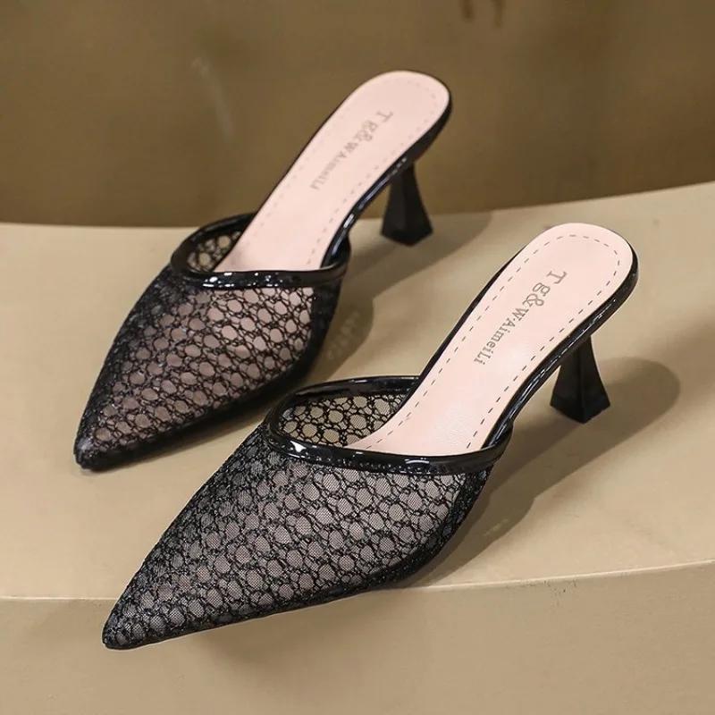 Minimalistische Mode-Slipper Sommer Neue Damen Slim Heel Einzeilig Damenmode High Heel Slipper Damenschuhe 41 schwarz von Joom DACH