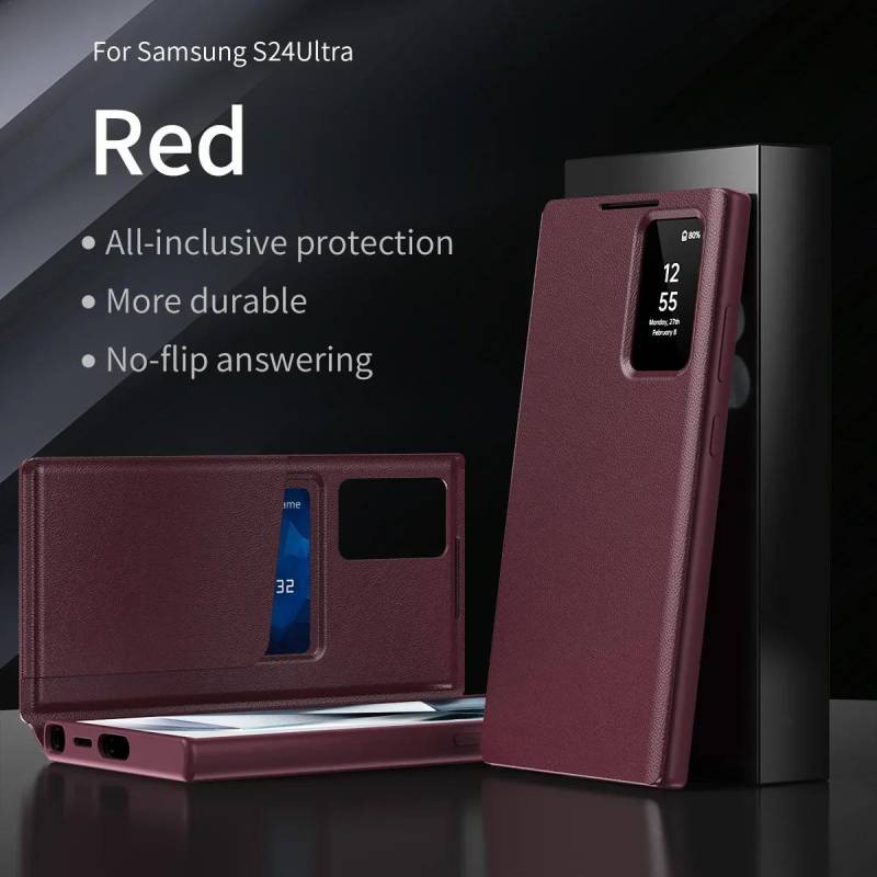 Mit BOX Smart View Windows Wallet Flip Case für Samsung Galaxy S25/S24/S23/S22 Ultra Plus Kartentasche Stoßfeste Abdeckung For Galaxy S23Ultra&With Packet Box rot von Joom DACH