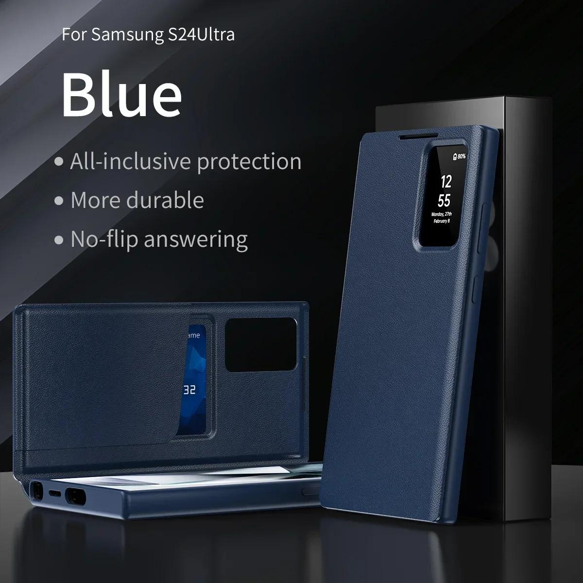 Mit BOX Smart View Windows Wallet Flip Case für Samsung Galaxy S25/S24/S23/S22 Ultra Plus Kartentasche Stoßfeste Abdeckung For Galaxy S25Plus&With Packet Box blau von Joom DACH