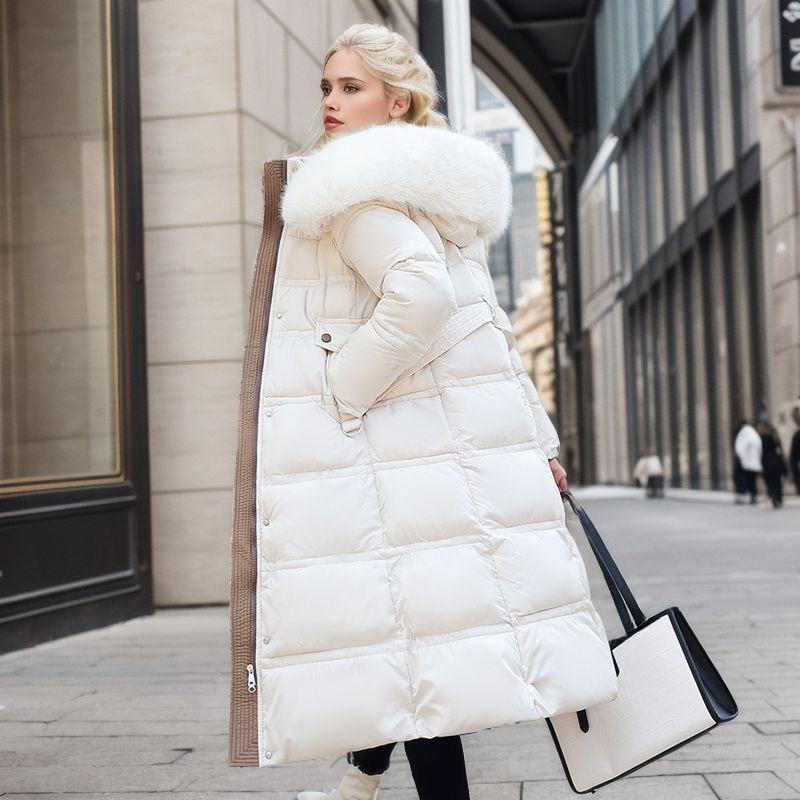 Mit Kapuze und Baumwolle gefütterte Daunenjacke für Damen, schmale Passform, großer Pelzkragen, lockerer, warmer Pelzkragen über dem Knie, Parkas und dicke Mäntel, weibliche Winter-Outwear XL von Joom DACH