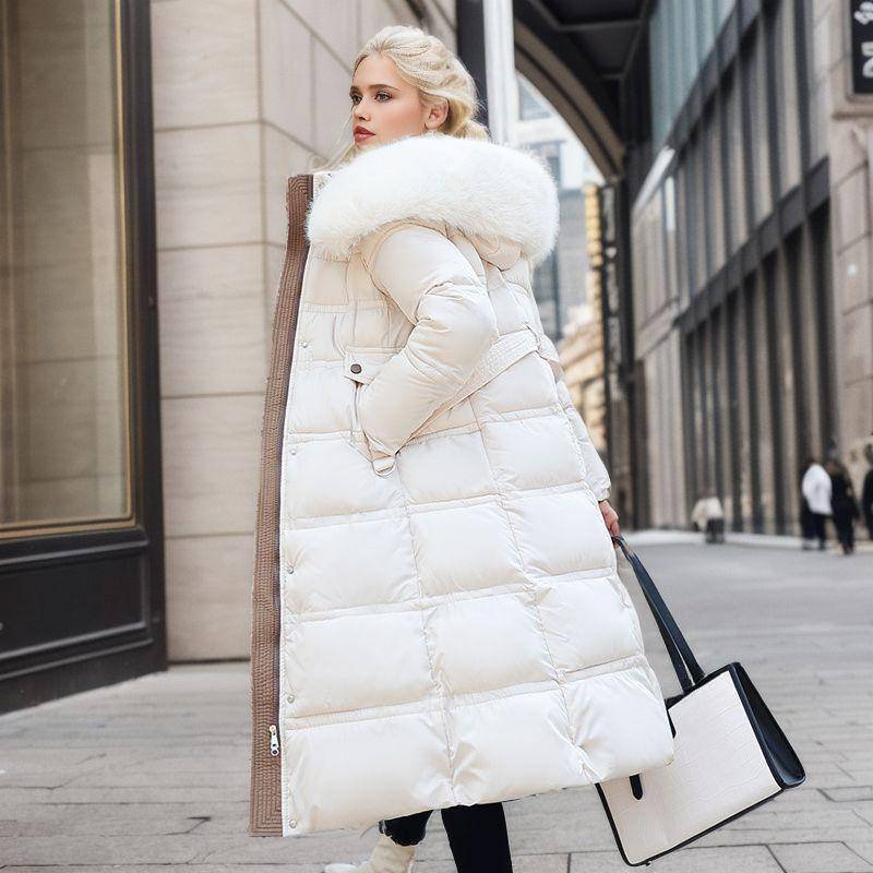 Mit Kapuze und Baumwolle gefütterte Daunenjacke für Damen, schmale Passform, großer Pelzkragen, lockerer, warmer Pelzkragen über dem Knie, Parkas und dicke Mäntel, weibliche Winter-Outwear XL von Joom DACH