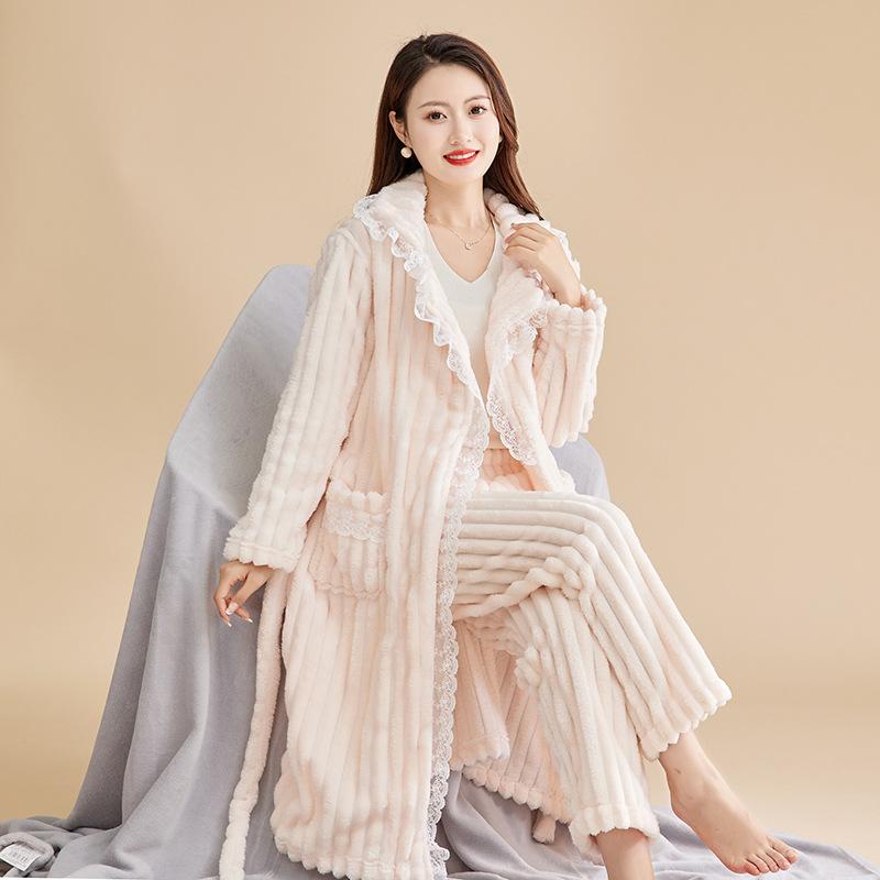 Mit Taschen Bequeme Pyjama-Sets Home Clohtes Winter Warm Thickened Plüsch Pyjama-Sets Frauen Langarm Frauen Fuzzy Pyjama M beige von Joom DACH