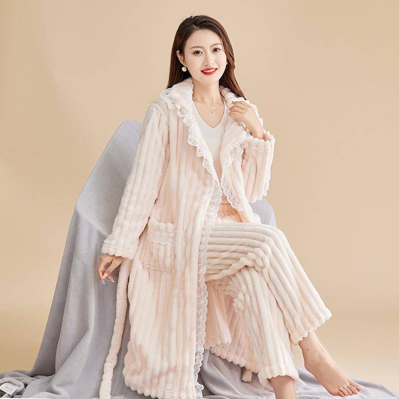 Mit Taschen Bequeme Pyjama-Sets Home Clohtes Winter Warm Thickened Plüsch Pyjama-Sets Frauen Langarm Frauen Fuzzy Pyjama M beige von Joom DACH