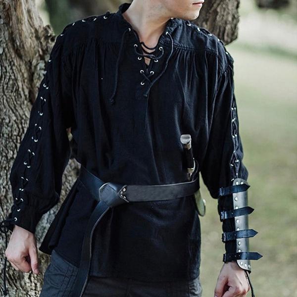 Mittelalterliches Cosplay-Kostüm, nordisches Wikinger-Piraten-Mode-Männer-Verband-Langarm-Renaissance-Hemd, Ritter-Punk-Männer-Krieger-Hemd M schwarz von Joom DACH