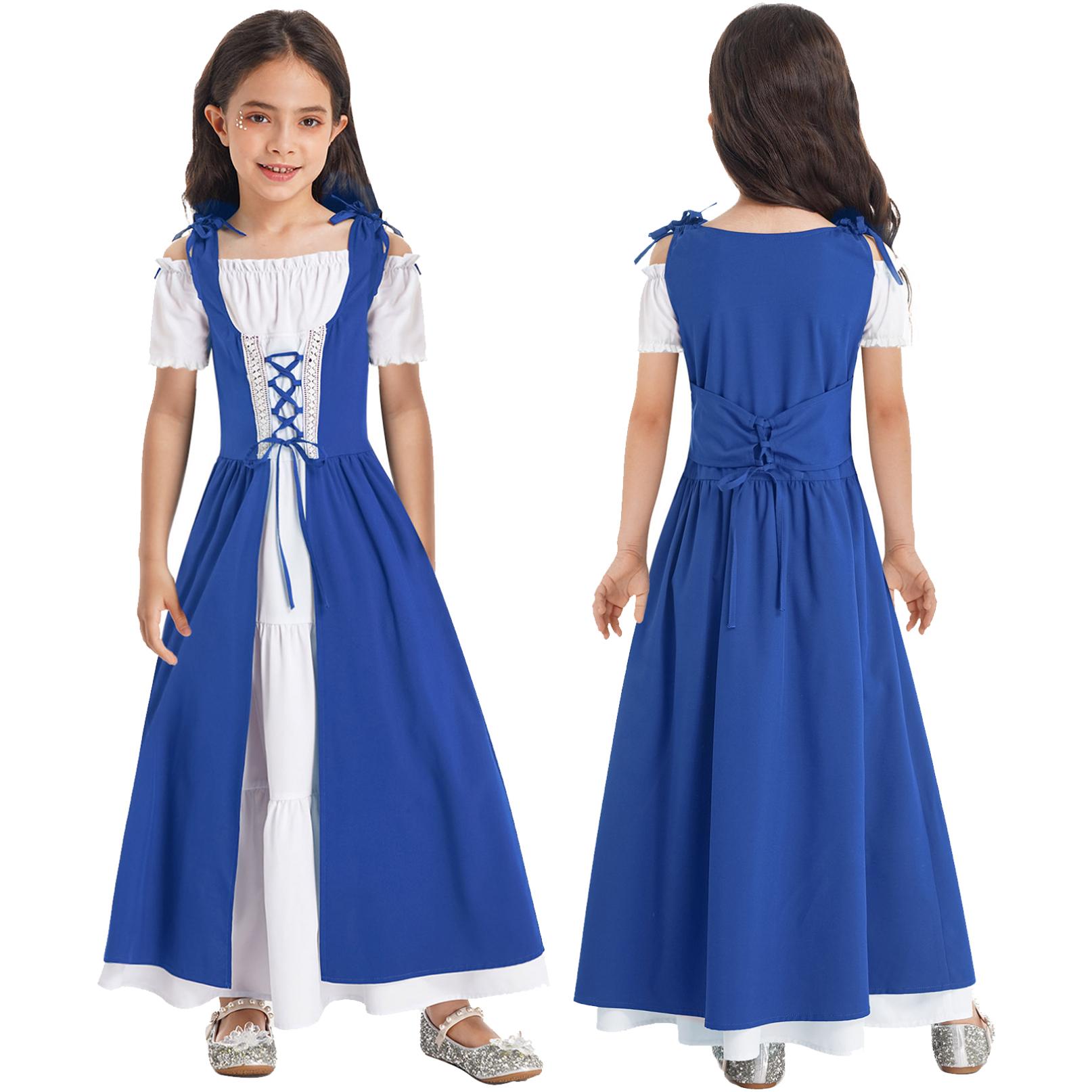 Mittelalterliches Kostüm für Mädchen, Renaissance-Kleid, Prinzessin, Vintage-Maxikleid, Ballkleid, Halloween-Party-Outfit 7-8 Years blau von Joom DACH