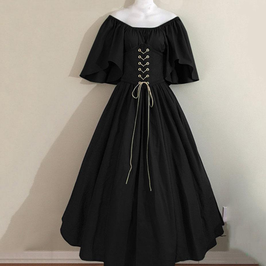 Mittelalterliches Retro-Kontrastfarben-schmales Kleid mit fliegenden Ärmeln, großes Swing-Kleid, schulterfreies Kleid, Damen-Cos-Kleid für Leistung M von Joom DACH