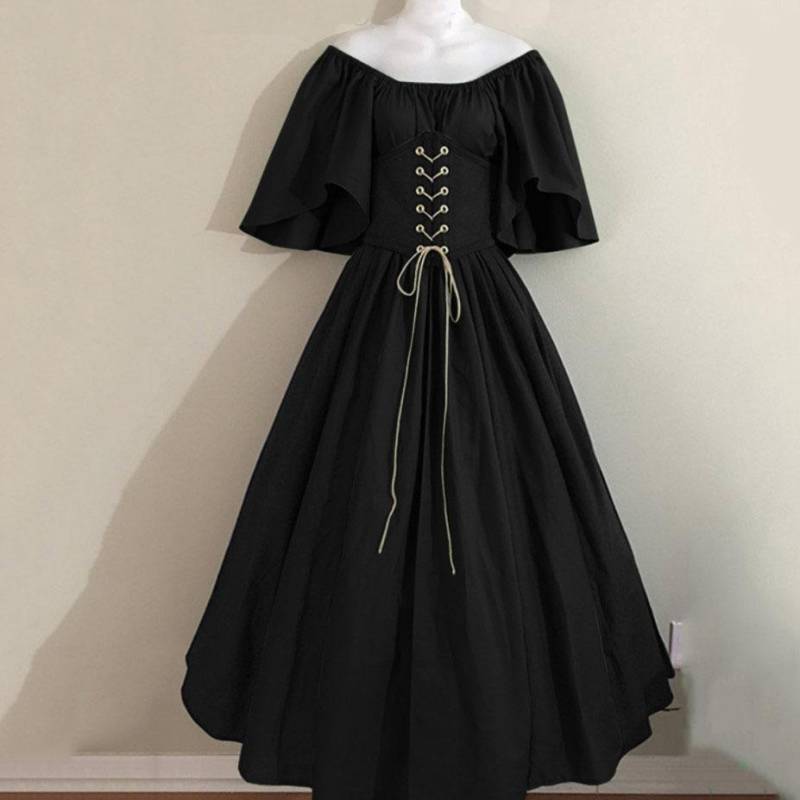Mittelalterliches Retro-Kontrastfarben-schmales Kleid mit fliegenden Ärmeln, großes Swing-Kleid, schulterfreies Kleid, Damen-Cos-Kleid für Leistung M von Joom DACH