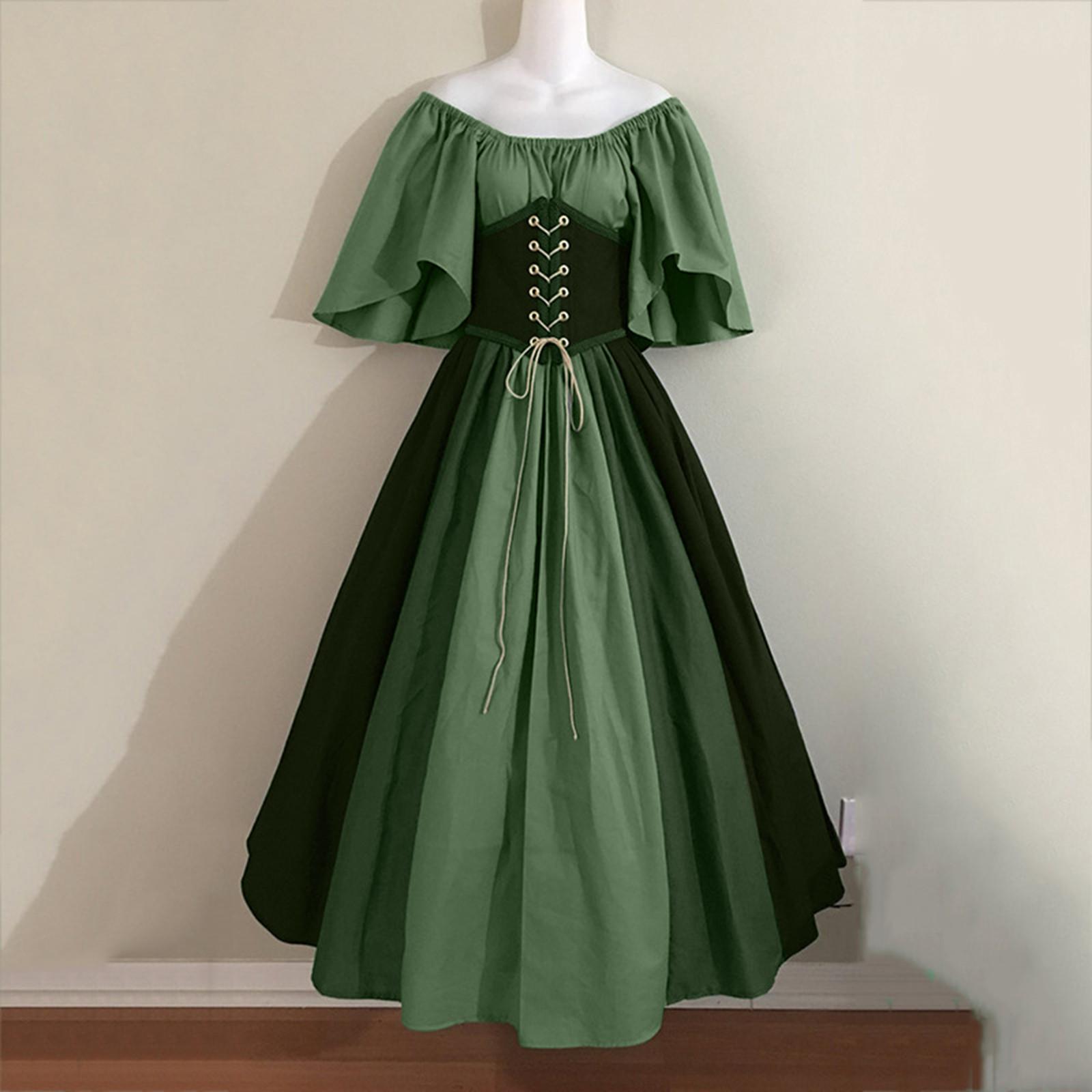 Mittelalterliches Retro-Kontrastfarben-schmales Kleid mit fliegenden Ärmeln, großes Swing-Kleid, schulterfreies Kleid, Damen-Cos-Kleid für Leistung S von Joom DACH