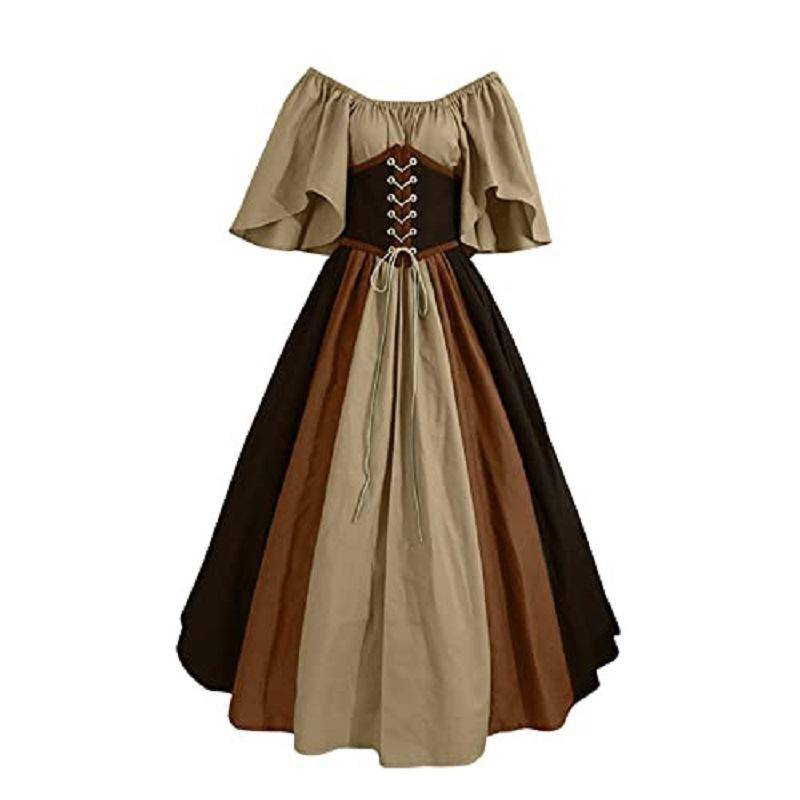 Mittelalterliches Retro-Kontrastfarben-schmales Kleid mit fliegenden Ärmeln, großes Swing-Kleid, schulterfreies Kleid, Damen-Cos-Kleid für Leistung S von Joom DACH