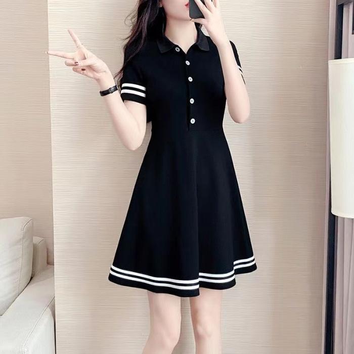 Mittelanges T-Shirt Freizeitkleid für Damen, Neues Sommer Polo-Kragen Slim Fit und Schlanker A-Linien-Rock 3XL schwarz von Joom DACH