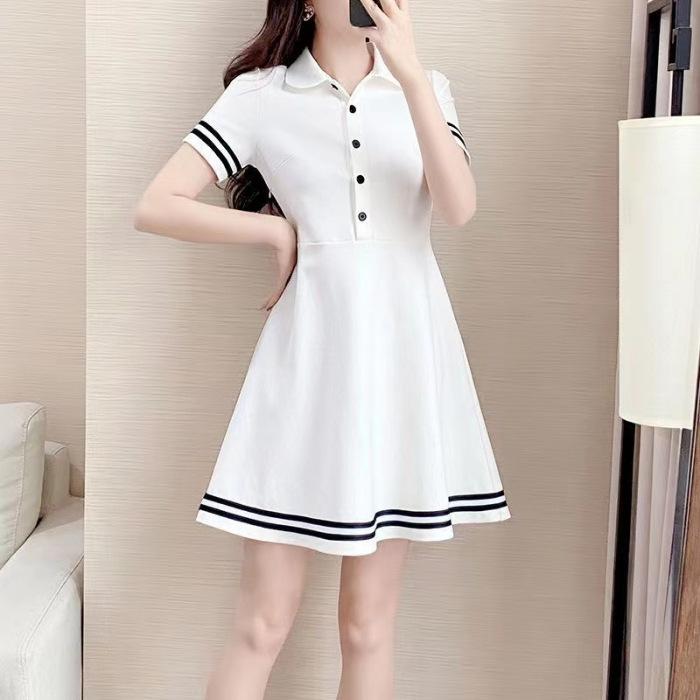 Mittelanges T-Shirt Freizeitkleid für Damen, Neues Sommer Polo-Kragen Slim Fit und Schlanker A-Linien-Rock 3XL weiß von Joom DACH