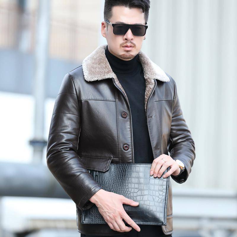 Mittellange Daunenjacke aus Leder für Väter mittleren und älteren Alters Herren Business Casual Verdickte Lederjacke Herrenjacke 6XL von Joom DACH