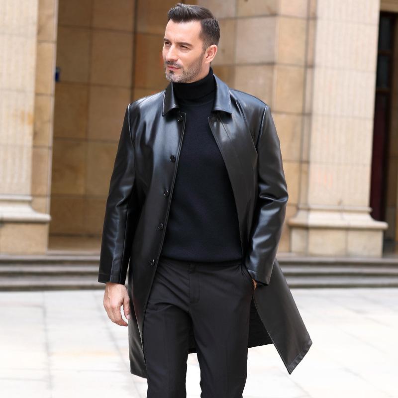 Mittellange Leder-Windjacke für Herren, Ledermäntel mittleren Alters und ältere Menschen, Business-Casual-Revers-Ledermäntel für Herren XXXL schwarz von Joom DACH