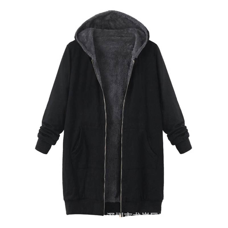 Mittellanger Mantel mit Kapuze und Samtfutter für Damen in großen Größen – Herbst/Winter 3XL schwarz von Joom DACH