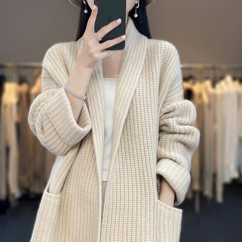 Mittellanger Strickmantel Damen Herbst Winter Strickjacke Koreanischer Lazy Style Locker Damen Strickpullover One size apricot von Joom DACH