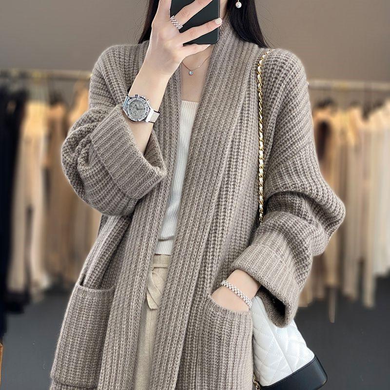 Mittellanger Strickmantel Damen Herbst Winter Strickjacke Koreanischer Lazy Style Locker Damen Strickpullover One size khaki von Joom DACH