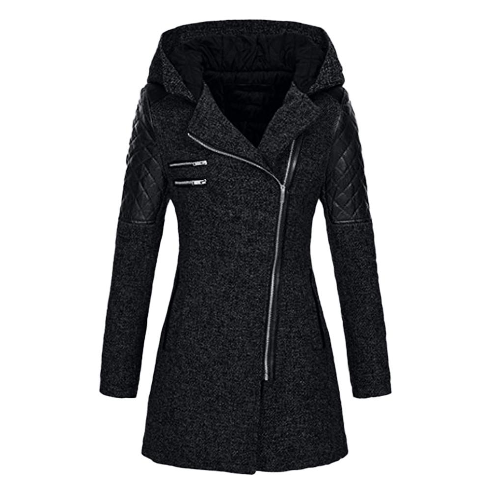 Mittellanger Woll-Trenchcoat mit Kapuze, lockerer, schräger Reißverschluss für Damen, dicke Baumwolljacke 4XL schwarz von Joom DACH