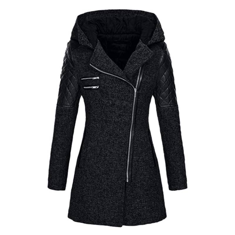 Mittellanger Woll-Trenchcoat mit Kapuze, lockerer, schräger Reißverschluss für Damen, dicke Baumwolljacke 4XL schwarz von Joom DACH