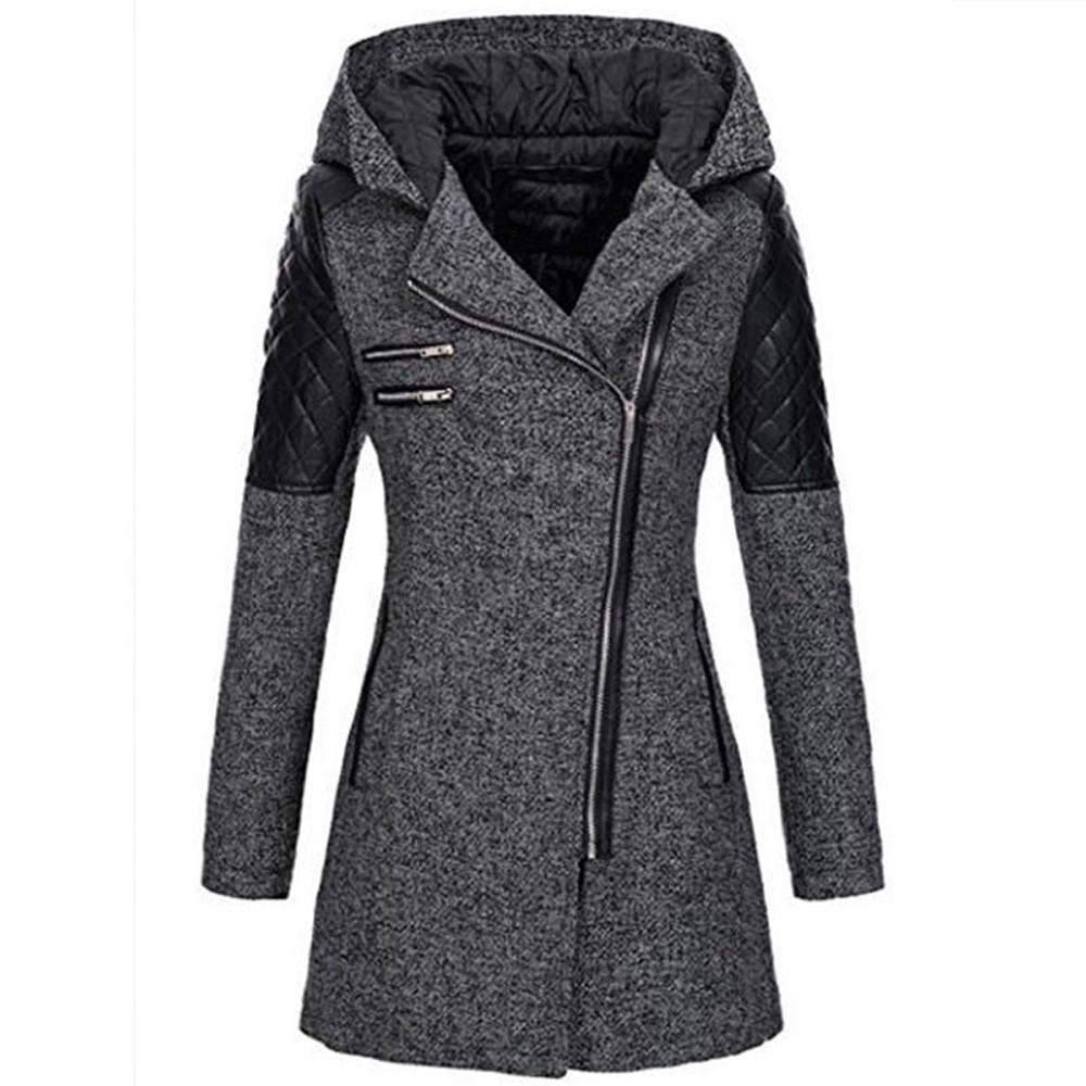 Mittellanger Woll-Trenchcoat mit Kapuze, lockerer, schräger Reißverschluss für Damen, dicke Baumwolljacke XL dunkelgraue von Joom DACH