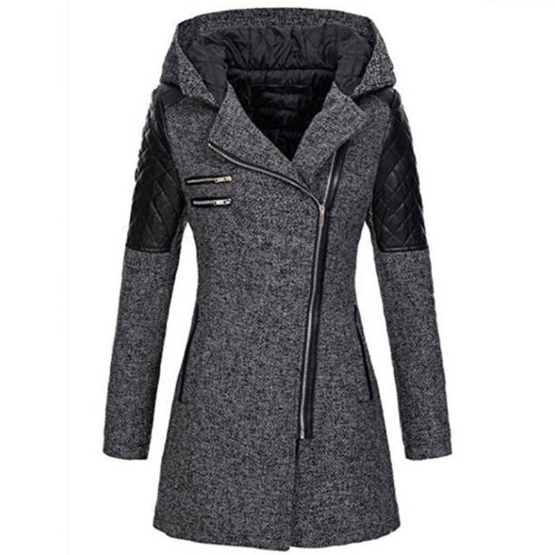 Mittellanger Woll-Trenchcoat mit Kapuze, lockerer, schräger Reißverschluss für Damen, dicke Baumwolljacke XL dunkelgraue von Joom DACH