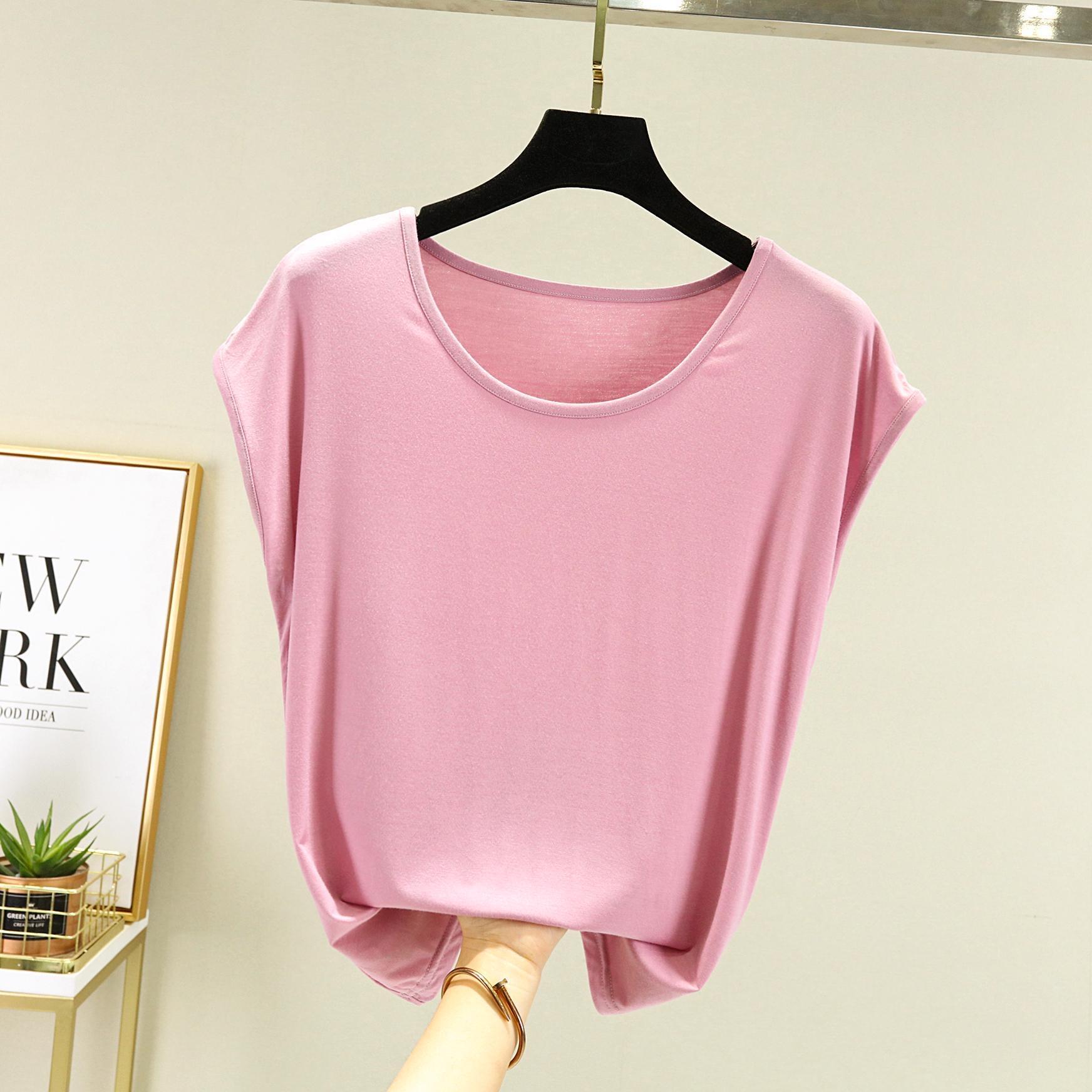 Modal Ärmelloses T-Shirt für Damen Sommerbekleidung Basic Rundhals Locker Oversized Einfarbig Schlankmachendes Oberteil T-Shirts 2XL rosa von Joom DACH