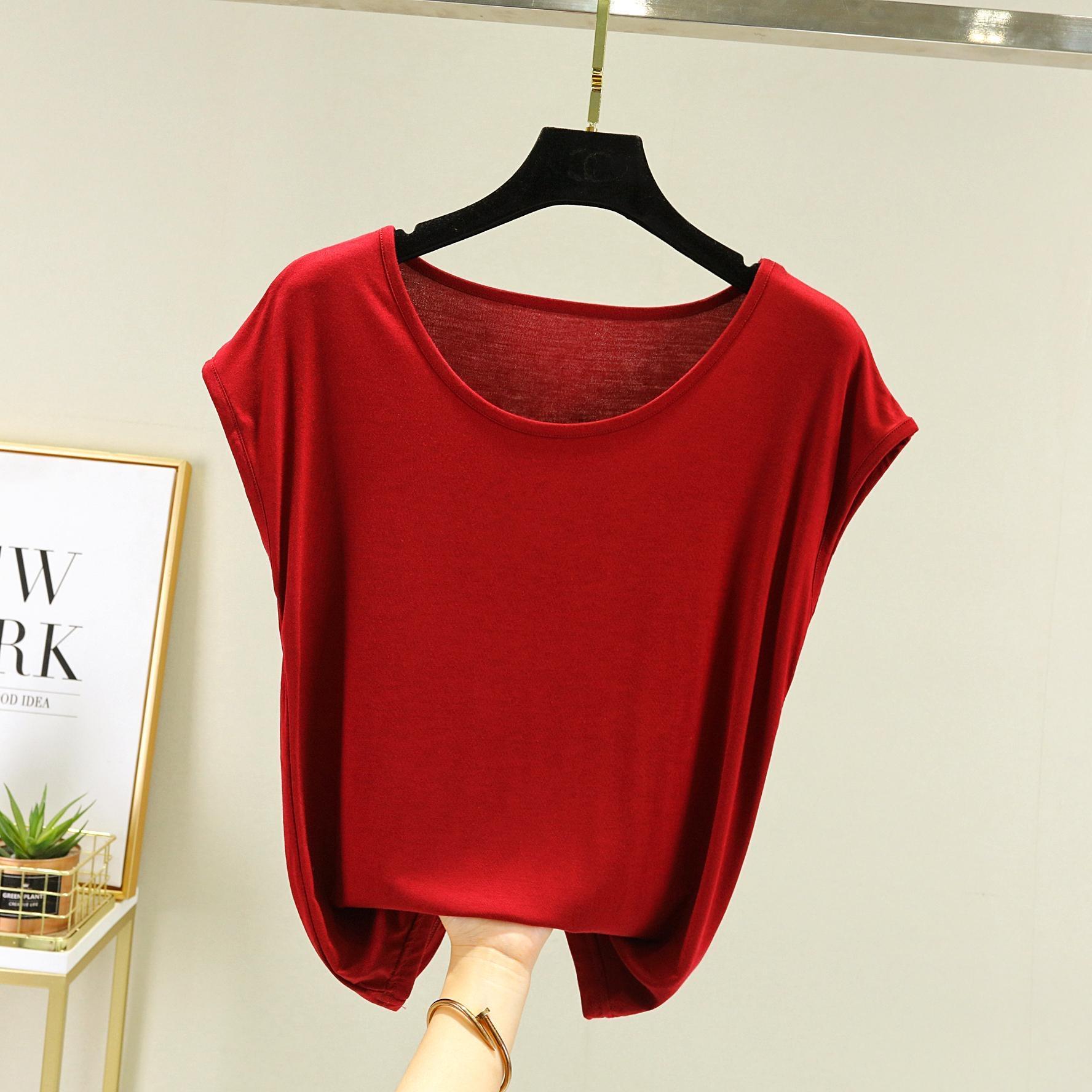 Modal Ärmelloses T-Shirt für Damen Sommerbekleidung Basic Rundhals Locker Oversized Einfarbig Schlankmachendes Oberteil T-Shirts 2XL von Joom DACH