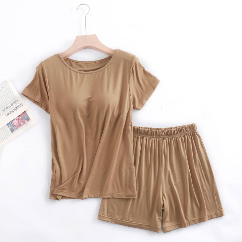 Modal Damen Kurzarm Pyjama Set mit eingebautem BH, Übergröße, kabellos, locker sitzendes Halbarm-Oberteil und Shorts für Homewear XXL von Joom DACH