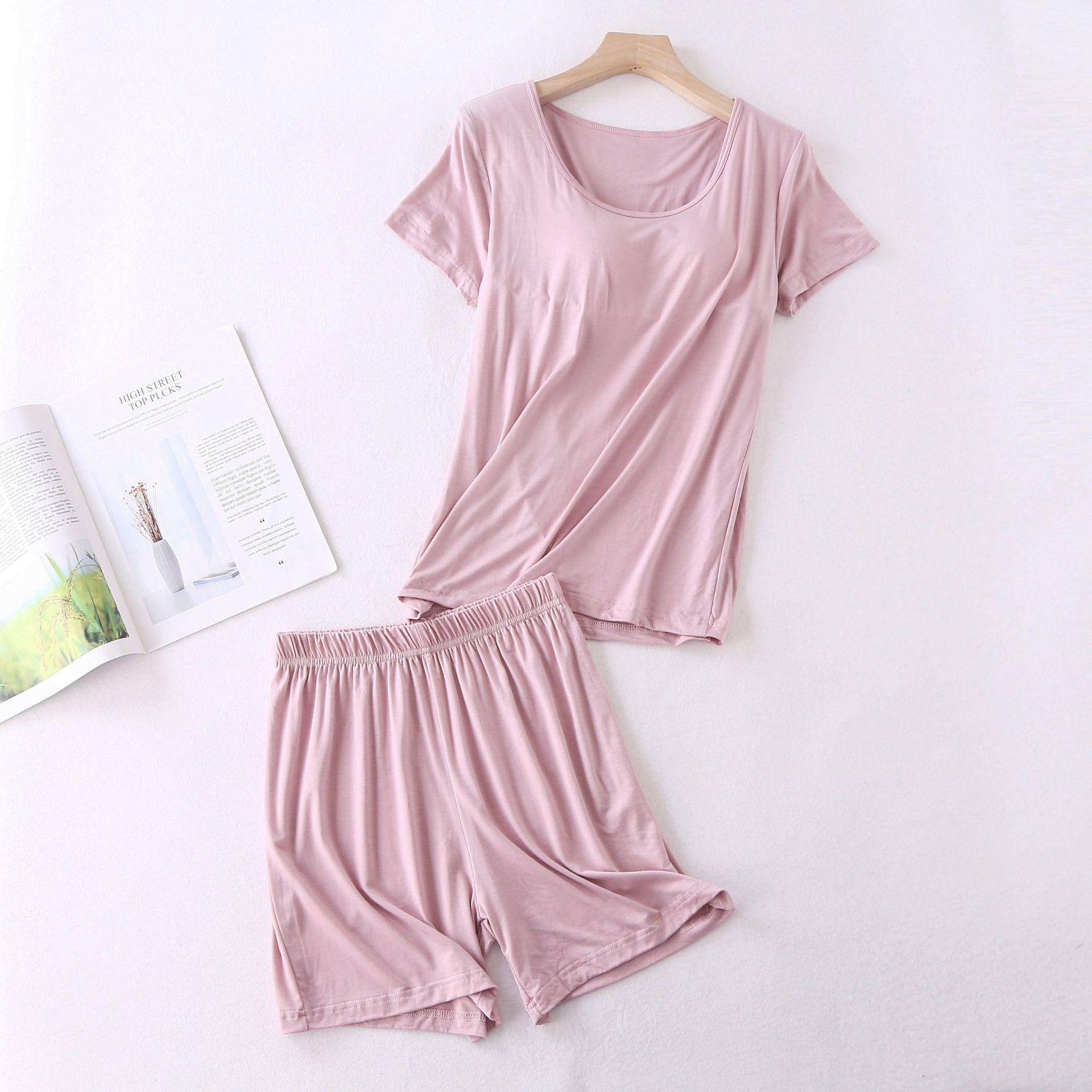 Modal Damen Kurzarm Pyjama Set mit eingebautem BH, Übergröße, kabellos, locker sitzendes Halbarm-Oberteil und Shorts für Homewear XXL von Joom DACH