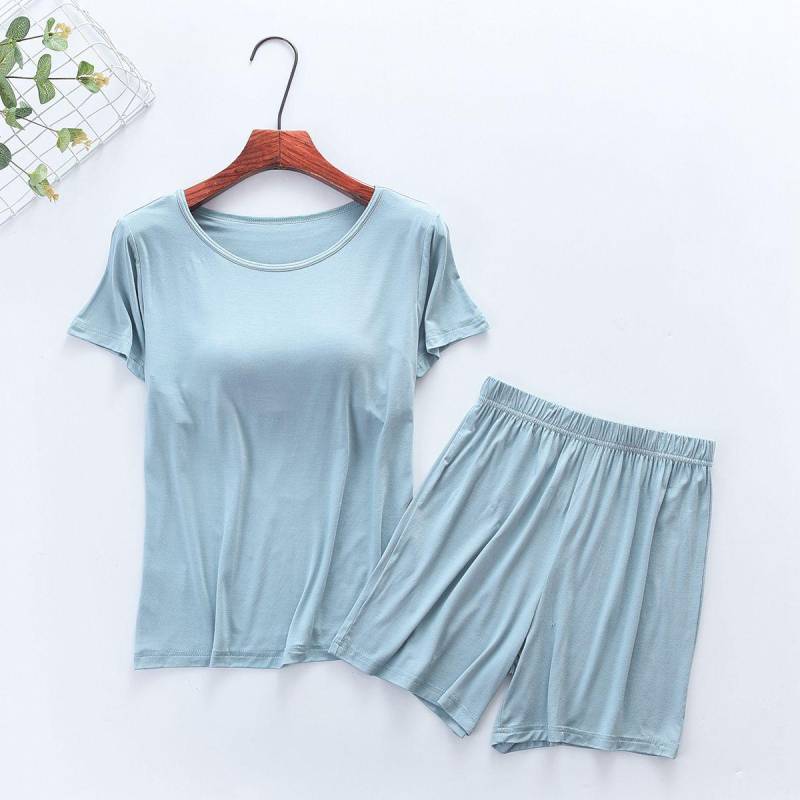 Modal Damen Kurzarm Pyjama Set mit eingebautem BH, Übergröße, kabellos, locker sitzendes Halbarm-Oberteil und Shorts für Homewear XXL von Joom DACH