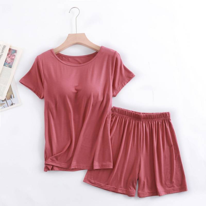 Modal Damen Kurzarm Pyjama Set mit eingebautem BH, Übergröße, kabellos, locker sitzendes Halbarm-Oberteil und Shorts für Homewear XXL von Joom DACH